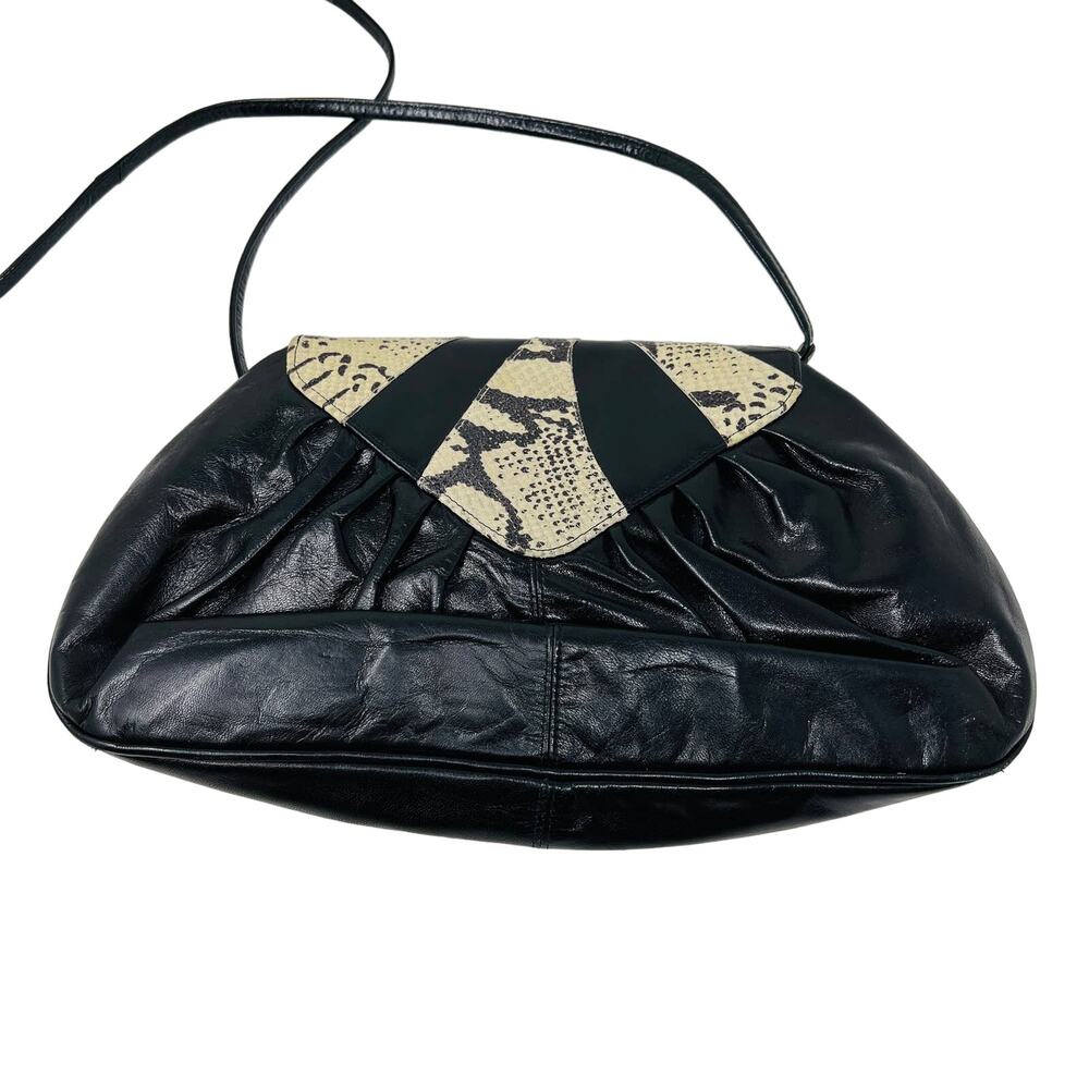 Vintage 80s Tohpo Snakeskin Flap Soft Leather Bag Black Cream